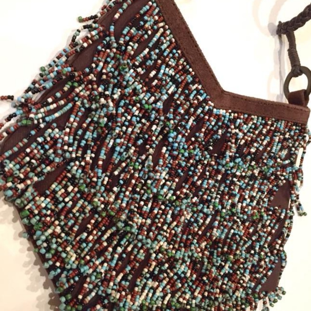 Brown Suede Purse with Seed Bead Fringe